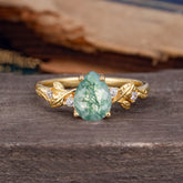 Pear Shaped Natural Women's Moss Agate Engagement Ring